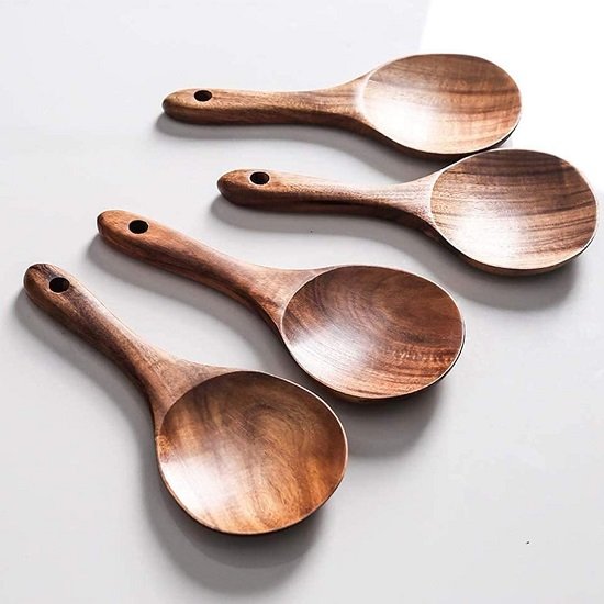 2 Pack Rice Paddle Spoon Natural Wood Non-stick Rice Scooper with Round Shallow Head Food Service Spoon Kitchen Utensils for Rice Potato Salads Desserts, 7 Inch