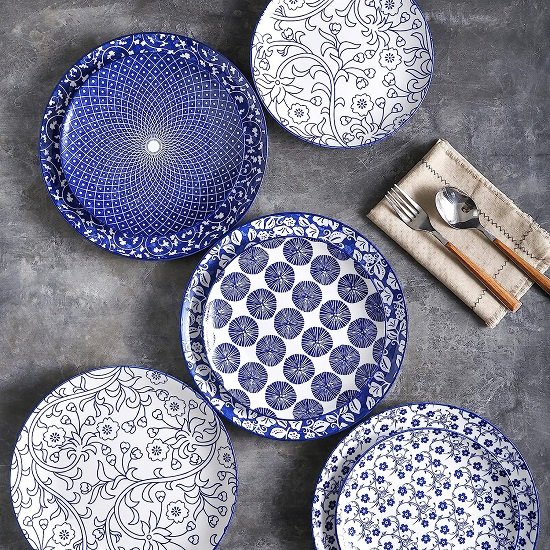 8 inch Porcelain Dinner Plates, Large Size Serving Plate for Salad, Pancakes, Steak, Set of 6, Vintage Blue